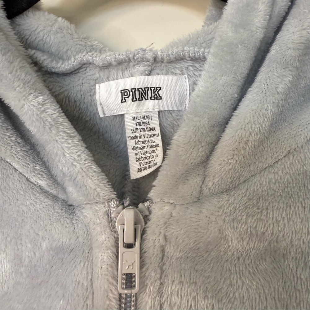 Victoria’s Secret PINK One-Piece Teddy Pajama Soft Gray M/L Dog Logo Sleepwear - Picture 8 of 9
